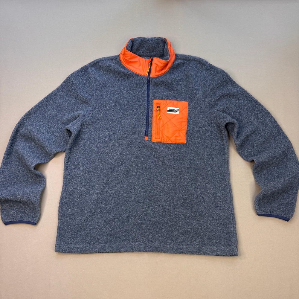 Saucony Mens 1/4 Zip Fleece Pullover Blue Orange Quilted Pocket Mock Neck XL